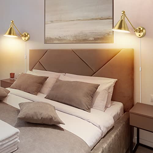 Trlife Wall Sconce Plug In, Dimmable Wall Sconces Set Of 2 Wall Lights With Plug In Cord And Dimmer On/Off Knob Switch, Brushed Brass Swing Arm Wall Light, Ul Listed(2 Pack, 2 Bulbs) #TOP5