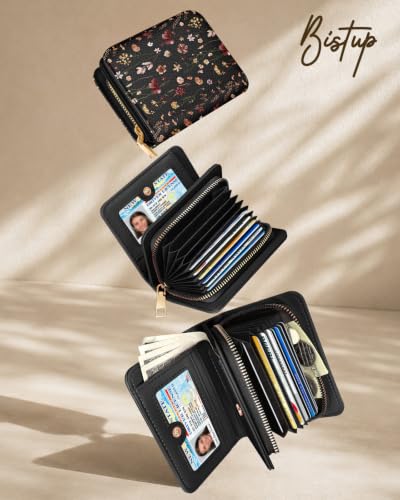 Image of Bistup Luxury Credit Card Holder for Women, Leather Card Organizer, Black Vintage Floral
