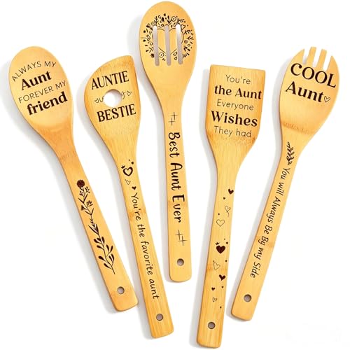 5 PCS Wooden Spoons for Cooking, Aunt Birthday Gifts from Niece/Nephew