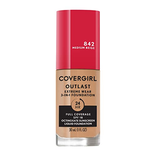 Covergirl Outlast Extreme Wear 3-in-1 Full Coverage Liquid Foundation, SPF 18 Sunscreen, Medium Beige, 1 Fl. Oz.
