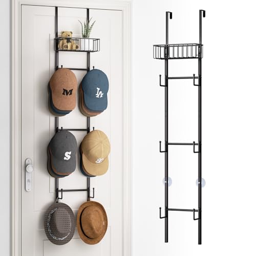HapiRm Over Door Hat Rack - Wall Mounted Hat Organizer with 6 Hooks and Metal Basket Design, Baseball Cap Organizer Storage Holder Up to 32 Caps for Door, Bedroom, Closet (Black) by HapiRm - Used condition - US$18.68