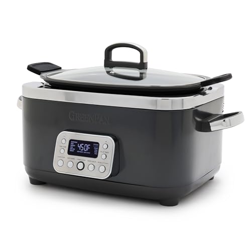 GreenPan Elite 8-in-1 Programmable 6QT Electric Slow Cooker, Dishwasher Safe Lid & Removable Crock, PFAS-Free Healthy Ceramic Nonstick Multi-Cooker, Sear,Sauté/Brown,Steam Basket,Roast, Graphite