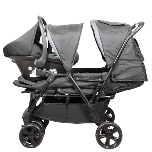 BAMBISOL Poussette Double 2-en-1 pour Jumeaux dès la Naissance | Cosy Siège Auto Gr0+ i-Size Inclus, Pliable avec Habillage Pluie et Grand Panier | Noir et Gris Chiné