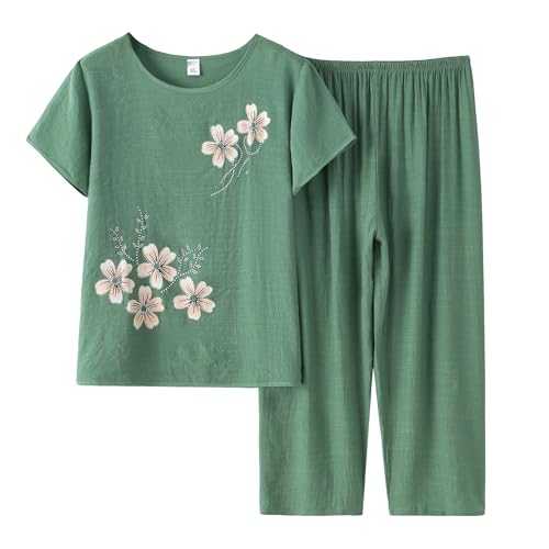 Image of FindThy Women's 2 Piece Linen Outfits Short Sleeve Floral Print Lounge Sets Crewneck Summer Suits