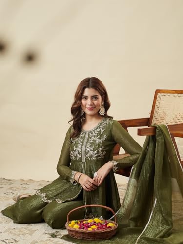 Image of MOKOSH Women's Silk Embroidered Peplum Kurta Sharara with Dupatta | Kurta Set | Ethnic Wear |Round Neck Full Sleeve Kurta | 3 Piece Outfit |Embroidered