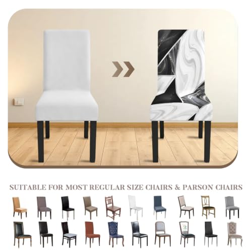 Image of Black White Marble Dining Chair Covers Set of 4, Stretch Covers