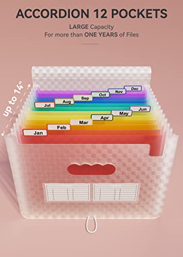 Abc Life 12 Pockets Accordion File Organizer Expanding File Folders, Portable Monthly Bill Receipt Document Organizer, Expandable Accordian Filing Folder Letter A4 Size, Colored Tabs (Pink) #TOP1