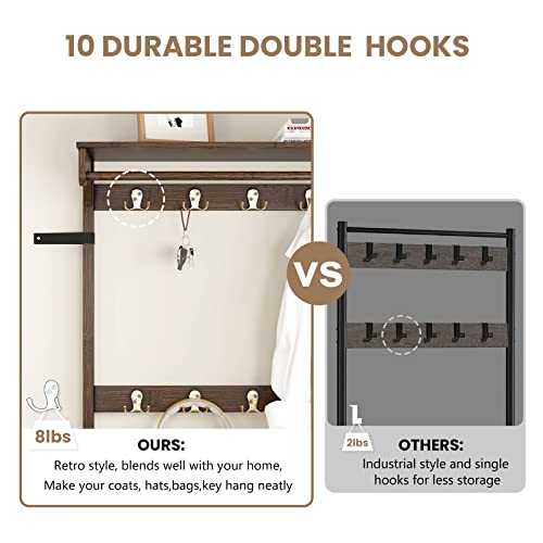 Seirione Coat Rack With Shoe Bench Furniture, Bamboo Hall Tree Storage Organizer For Entryway With Faux Leather Cushion, 4 In 1 Design, 10 Double Hanging Hooks, 31.5 Inch Wide #TOP4