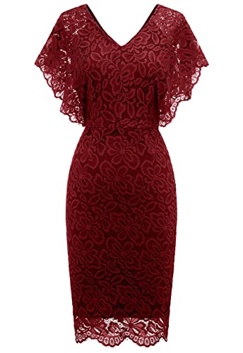 MODECRUSH Damen Kurzarm Spitze Floral Cocktail Kleid Kurz Brautjungfer Kleider A Linie Abend Hochzeit Party Kleid, burgunderfarben, Small Cover