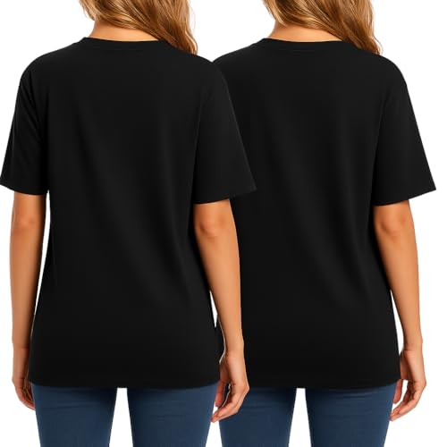 Combed Cotton Summer Tops for Women – Short Sleeve Crewneck T-Shirts, Compact Knit Loose Fit Basic Tees 2 Pack Black White2