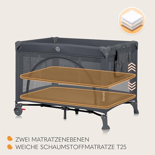 Lionelo Laura 2-in-1 Reisebett bis zu 15 kg Laufgitter von 0 bis 36 Monate Seitlicher Einstieg T25 Schaumstoffmatratze, 2 Höhenstufen, Reisetasche, Räder mit Bremse