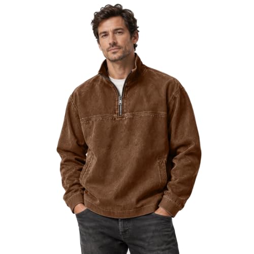 Men's Denim Shirt Washed Retro Quarter Zip Pullover Top with Pockets - image 1