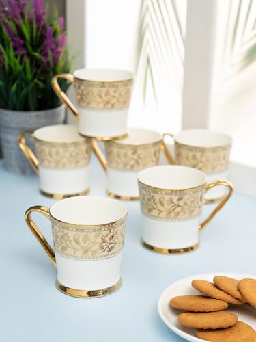 Image of Clay Craft Fine Ceramic Gold Printed Tea /Coffee Cup Set of 6-200 ml Each (Ebony E612), Tea Cup Set of 6, Mugs for Coffee, Cups Set of 6, Mug Set, Ideal for Gifting, Perfect for Home and Office
