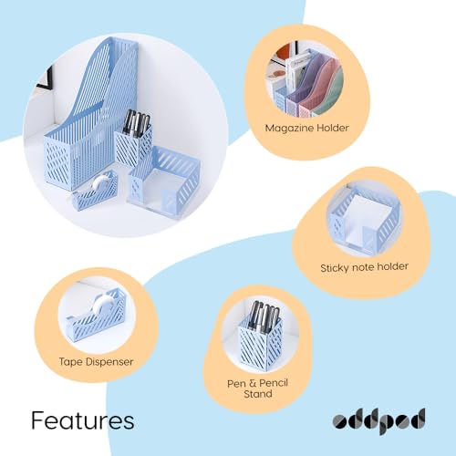 Image of oddpod Set of 4 - Metal Desk Accessories Organizer - Magazine File Holder, Sticky Note Holder, Pen & Pencil Stand, Tape Dispenser /Desktop Storage Organizer For Office, Home & School (PastelBlue)