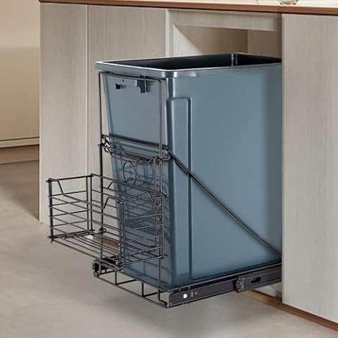 Pull Out Trash Can with Removable Metal Basket, Stainless Steel Kitchen Adjustable Trash Slide Out Shelf, Cabinet Trash Can Pull Out Kit, Fit 7-11 Gallon Garbage Can (Trash Can Not Included, Black) Cover