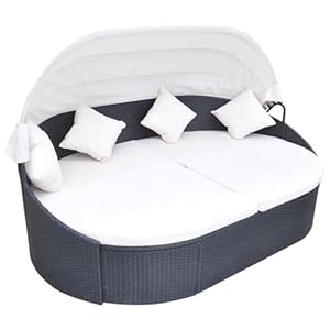 Mengtu Rattan-Sonnenliege mit Baldachin Schwarz | Cremeweiß Kissen | Garteninsel 230x145x80 cm | Entspannung am Pool Terrassensofas, Gartenmöbel 41832