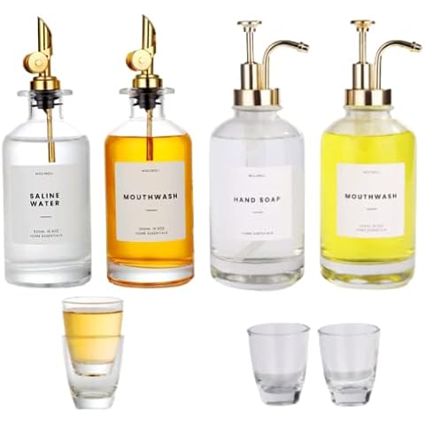 Molimoli Hand Soap Dispenser, Bathroom Soap Dispenser Set, Kitchen Soap Dispenser Pump Set of 2 500ml |Mouthwash Dispenser for Bathroom with Cups Reusable, Dispenser for Bathroom, Set of 2 350ml Gold Cover