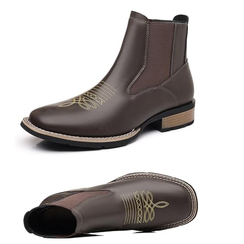 Men Western Ankle Cowboy Boots Square Toe Embroidered Pull On Chelsea Ankle Booties Comfort Casual Dress Retro Slip On Short Boots2