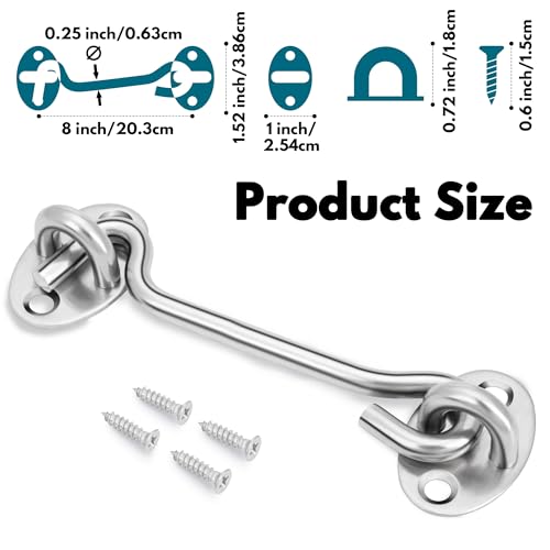 Image of Rainspire (2 Pack) 8 Inch Privacy Hook and Eye Latch for Barn Door, Stainless Steel Gate Latch Barn Door Lock Cabin Hooks for Gate Shutters Window Slide Barn Shed Cabinet Bathroom, Silver