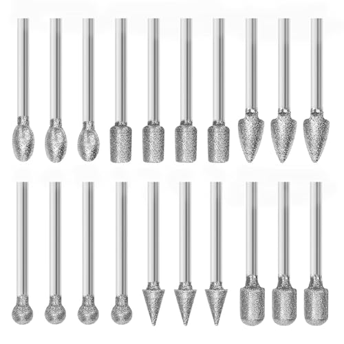 Image of Serplex Diamond Drill Bit Set 20Pcs with 1 /8-inch Shank Compatible with Rotary Tool - 6 Designs Including Flat-faced Head, Spear Tip, Ball Tips, Tapered, Round and Oval Bits for Stone Carving and