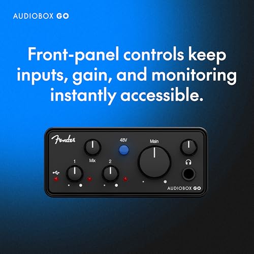 Image of Fender AudioBox GO USB Audio Interface, for Guitarist, Vocalist, or Producer. Includes easy to use software, Fender Studio app, Amp and FX pack to create Studio Quality recordings. PC /Mac | 6-Month Fender Studio Pro Trial, 1 Xlr Combo, 1 Hi-Z Input, Plus 48V Phantom, USB-C Bus-Powered