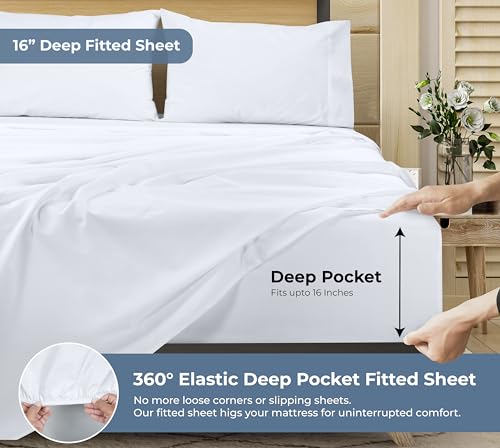 Image of ROYALE LINENS 100% Organic Cotton Queen Sheet Set - Percale Weave - 4 Pieces Set - 1 Flat, 1 Deep Pocket Fitted Sheet and 2 Pillowcases - White Bed Sheets - Sabanas Queen - Crisp Cool (White)