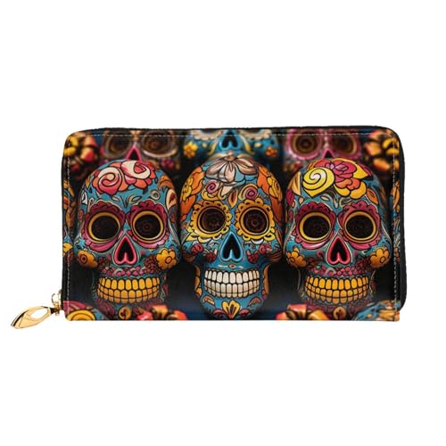 Portefeuille pour femme grande capacité à motifs crânes colorés avec pochette téléphone