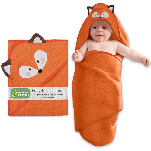 Image of Mother's Choice Organic Baby Hooded Towel Ultra Soft & Absorbent Bath Wearable for Newborns, Infants, 3D Orange Fox Design