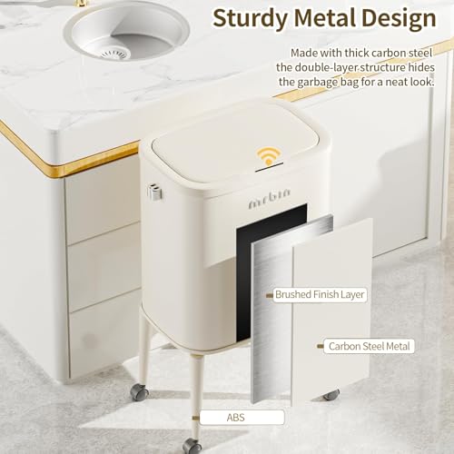 Image of MRBIN Metal Motion Sensor Kitchen Trash Can with Wheel Legs, Medium Press Lid Slim Waste Basket, 36L / 9.5gal Pet Proof Tall Narrow Garbage Pail for Vanity, Living Room, Bathroom, Bedroom, Water Lily