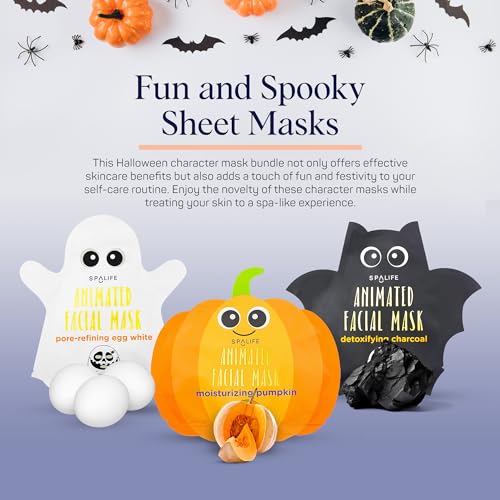 SpaLife Facial Mask Sheet Bundle - Pumpkin, Ghost, Bat - Halloween Character Mask Bundle - Face Masks for Skin Care - Moisturizing Sheet Face Masks - Skincare Pack for Women - Spa Beauty Masks SpaLife Facial Mask Sheet Bundle - Pumpkin, Ghost, Bat - Halloween Character Mask Bundle - Face Masks for Skin Care - Moisturizing Sheet Face Masks - Skincare Pack for Women - Spa Beauty Masks