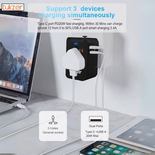 Image of Tukzer Universal Travel Adapter with 20W Type C PD & 18W USB-A Output Port, Universal Plug Socket, All in One International Travel Fast Charging Adapter for Laptop /MacBook & Mobile Charging- Black