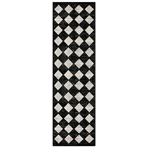 Lahome 2x8 Black Hallway Runner Rug with Rubber Backing Checkered Kitchen Non Skid Carpet Runner and 2x3 Printed Small Black Checkered Entryway Rug Non Slip Kitchen Mat Bundle