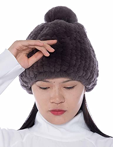 Real Fur Beanie Hat Women's Weather Rex Rabbit Fur Skull Cap With Fur Pom Fuzzy Fluffy Champagne #TOP6