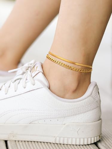 Image of FindChic Black /Silver /Gold Plated Anklets Set of 2PCS /3PCS Herringbone Chain Cuban Link Heart Charm Sparkling Tennis Ankle Bracelets, Waterproof Summer Foot Jewelry for Beach