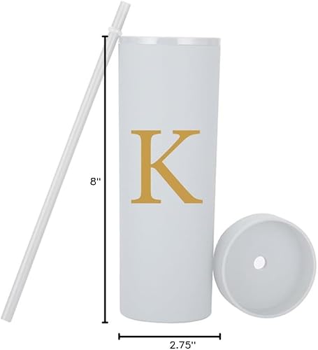 Miniatura 8 de Vaso delgado personalizado de la letra K, vasos delgados de 16 onzas con inicial mate con tapas y popotes. Vasos delgados personalizados, regalos de