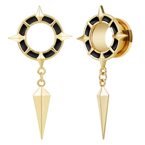 POBAISITER 2PCS Dangle Gauges Star-shaped Compass Fashion Punk Gauges Earrings Dark and Unique Screw Fit Ear Tunnels 2g to 1inch Expander Stretcher For Men and Women Body Piercing Jewelry