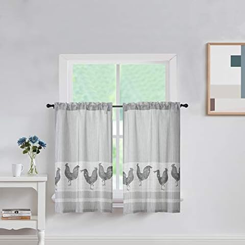 SXZJTEX Grey Chicken Cafe Kitchen Curtain Tiers for Small Window Rooster Stripe Rustic Country Drapes, Rod Pocket Panels for Kitchen, Barnyard, Drape, 27 x 36 , 2 Panels, Gray Cover