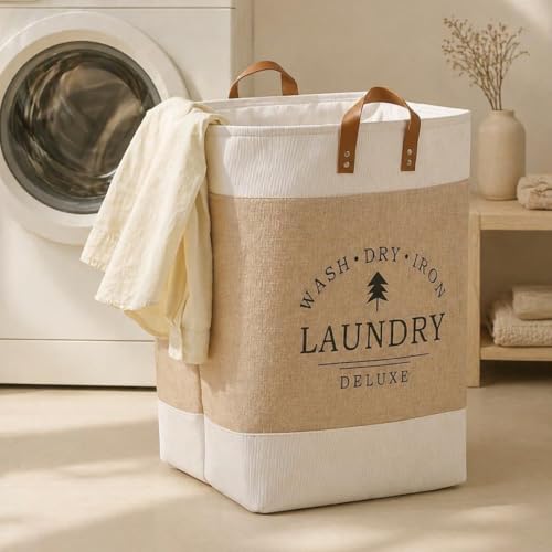 Image of 90L Large Laundry Basket, Collapsible Laundry Bag, Freestanding Tall Clothes Hamper, Foldable Washing Bin (Dark Blue) (White And Beige)