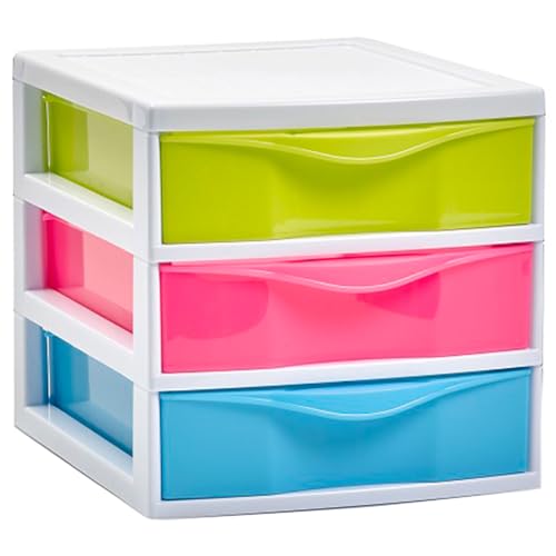 Tradineur - Cajonera de sobremesa Guadiana con 3 cajones de colores, torre de almacenaje, armario, baño, oficina, fabricada en España (Blancolor, Cajones Color Aleatorio, 17,5 x 18 x 21,5 cm)