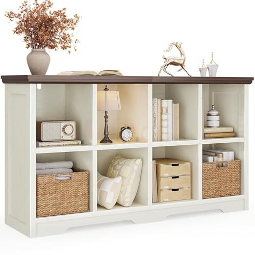 OffiGo 8 Cube Organizer Bookcase Modern Farmhouse Open Shelf for Storage Bins & Decor Display Bookshelf Console Closet for Living Room Bedroom Home Office Walnut+White