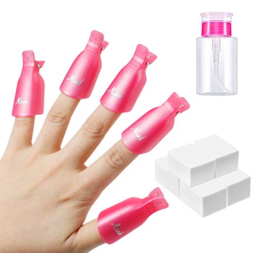 Nail Polish Gel Remover Tools Kit,10PCS Plastic Acrylic Nail Art Soak Off Cap Clip, 150ml Nail Polish Remover Bottle,400pcs Nail Wipe Cotton Pads(Pink)