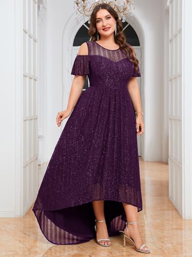Image of ZOMVA Plus Size Sparkly Mesh Maxi Dress Cold Shoulder Ruffle Sleeve High Low A Line Dresses Wedding Guest Cocktail Party