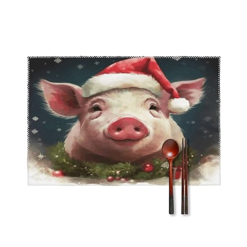 Sets de table carrés en toile imprimé cochon de Noël lavables - 2