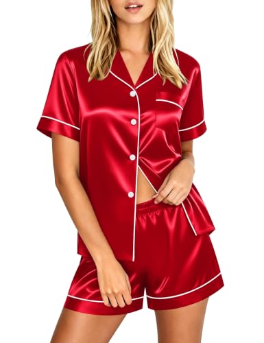 Image of LecGee Womens Silk Satin Pajamas Short Sleeve Loungewear Two-Piece Sleepwear Button-Down Pj Set