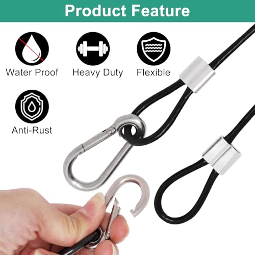 Image of 5Pcs Stainless Steel Cable with Loops and Hooks, 4mm Thickness 12 inch Vinyl Cover Coated Wire Rope Lanyard Safety Cable for Stage Lighting, Black