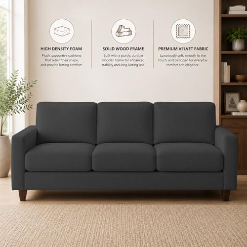 Image of Casaliving Gladino Modern Velvet Fabric Sofa, Tufted Design Upholstered 3 Seater Sofa Set for Living Room, Premium Velvet Fabric Sofa (Black)