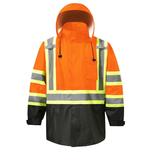 Image of Reflective Rain jackets for men waterproof,Hi Vis Safety Coat With Reflective Strips,High Visibility Class 3 Rain jackets With 2 large pockets,Zipper,Orange,LG /XL