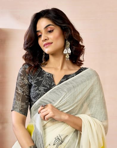 Image of SIRIL Women's Printed Cotton Linen One Minute Ready to Wear Saree With Unstitched Blouse Piece