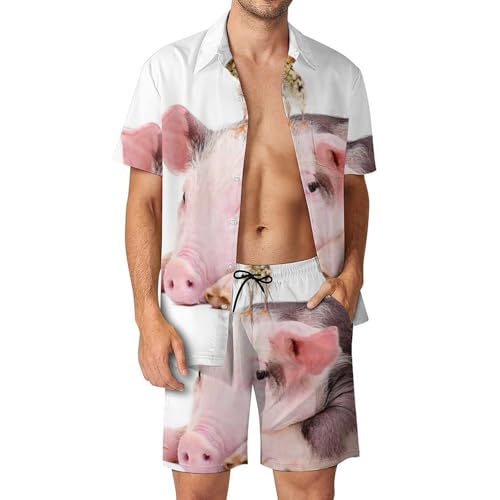 Ensemble Chemise Hawaïenne Homme Cochon Poussin Short Pantalon Plage pour Rester Frais en Été S