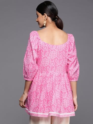 Image of Gerua Printed Cotton Blend A Line Kurti Suit Pink
